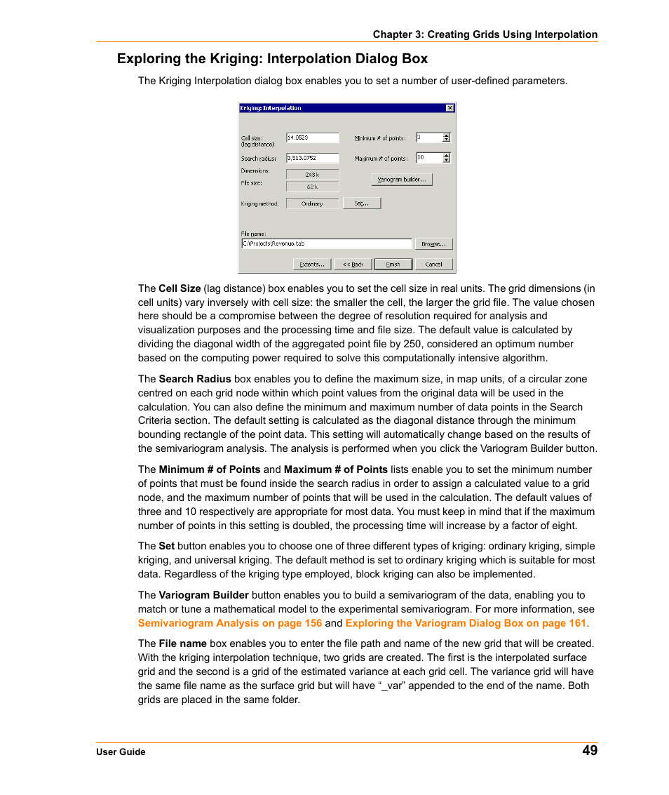 Exploring the kriging: interpolation dialog box, 49 exploring the kriging: interpolation dialog box | Pitney Bowes MapInfo Vertical Mapper User Manual | Page 51 / 213
