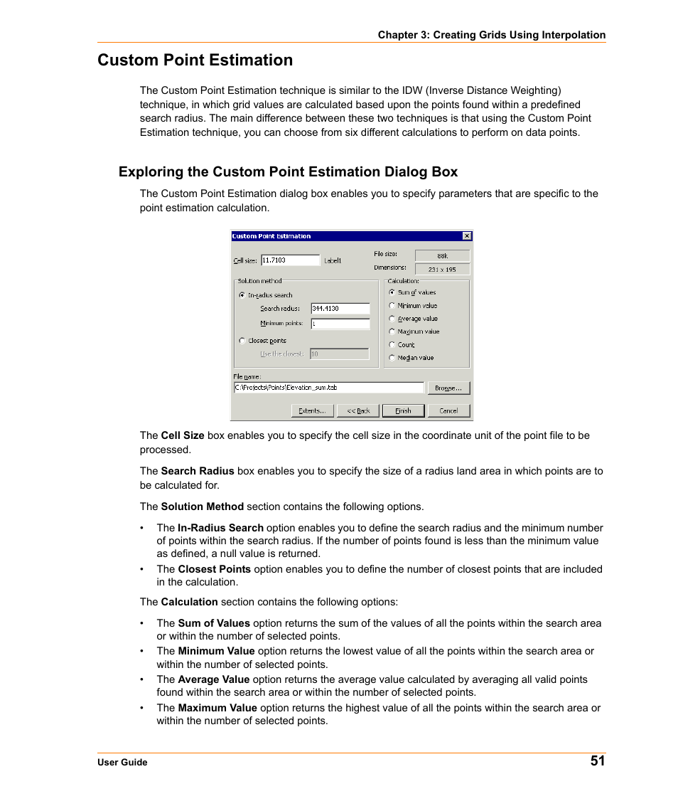 Custom point estimation, Exploring the custom point estimation dialog box | Pitney Bowes MapInfo Vertical Mapper User Manual | Page 53 / 213