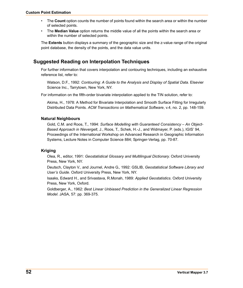 Suggested reading on interpolation techniques | Pitney Bowes MapInfo Vertical Mapper User Manual | Page 54 / 213