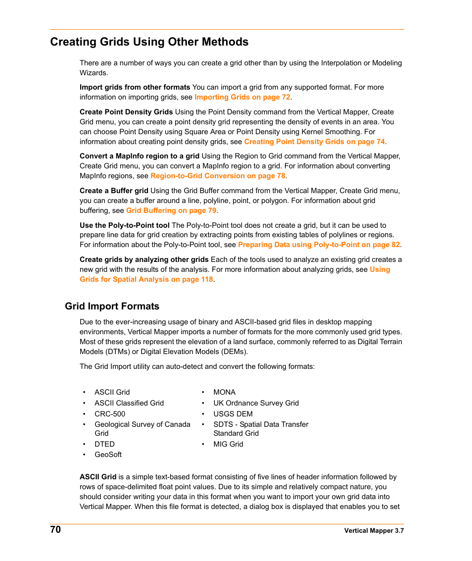 Creating grids using other methods, Grid import formats | Pitney Bowes MapInfo Vertical Mapper User Manual | Page 72 / 213