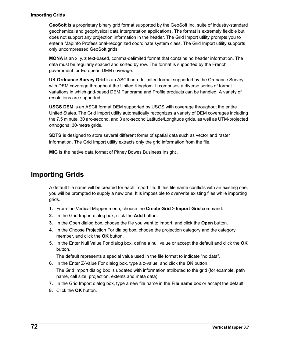 Importing grids | Pitney Bowes MapInfo Vertical Mapper User Manual | Page 74 / 213