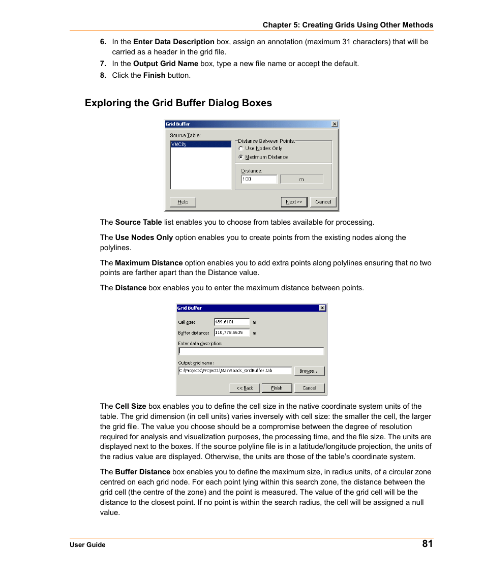 Exploring the grid buffer dialog boxes | Pitney Bowes MapInfo Vertical Mapper User Manual | Page 83 / 213