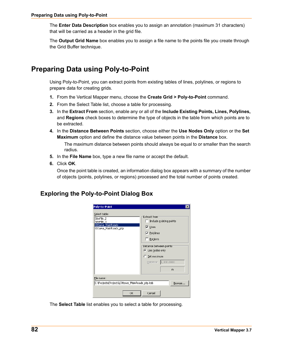 Preparing data using poly-to-point, Exploring the poly-to-point dialog box | Pitney Bowes MapInfo Vertical Mapper User Manual | Page 84 / 213