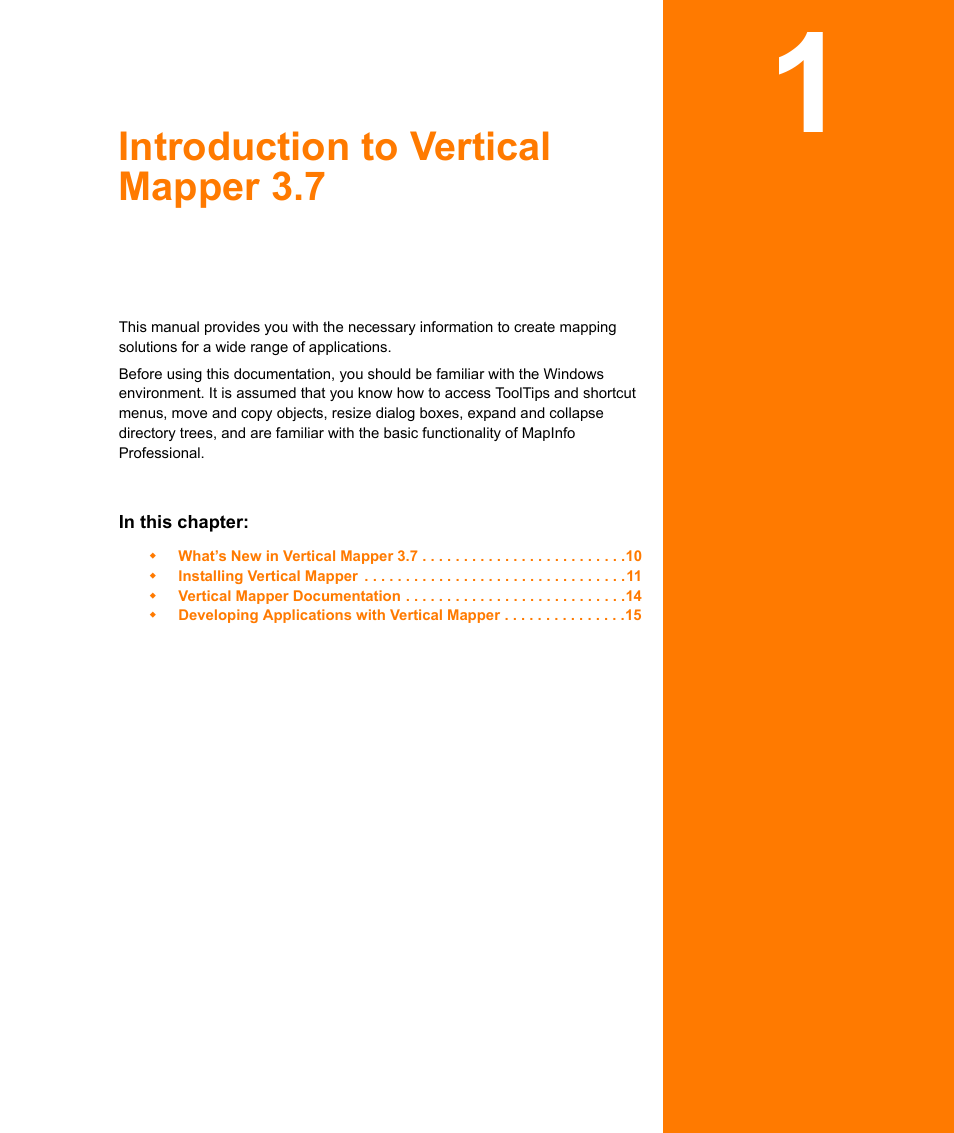 Introduction to vertical mapper 3.7, Chapter 1: introduction to vertical mapper 3.7 | Pitney Bowes MapInfo Vertical Mapper User Manual | Page 9 / 213