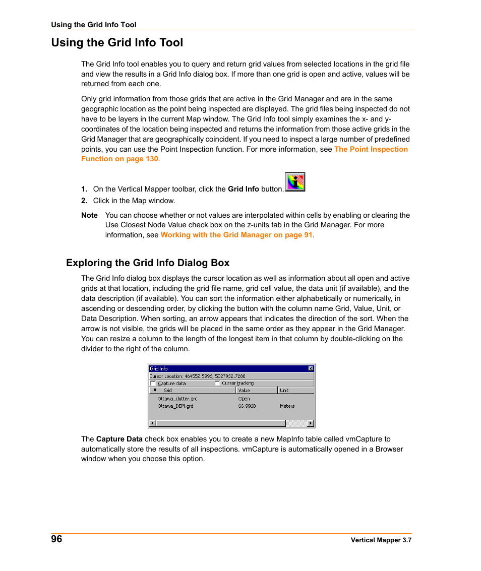 Using the grid info tool, Exploring the grid info dialog box, Using the grid info | Pitney Bowes MapInfo Vertical Mapper User Manual | Page 98 / 213