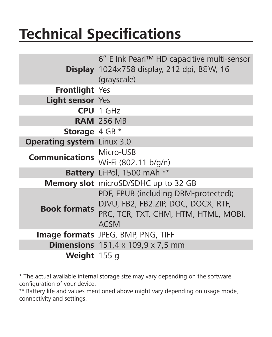 Technical specifications | PocketBook Sense with KENZO cover User Manual | Page 12 / 93