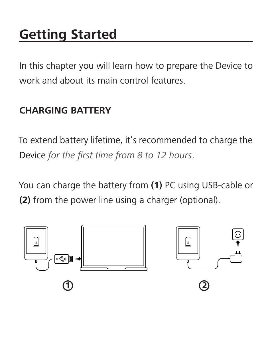 Getting started, Charging battery | PocketBook Sense with KENZO cover User Manual | Page 13 / 93