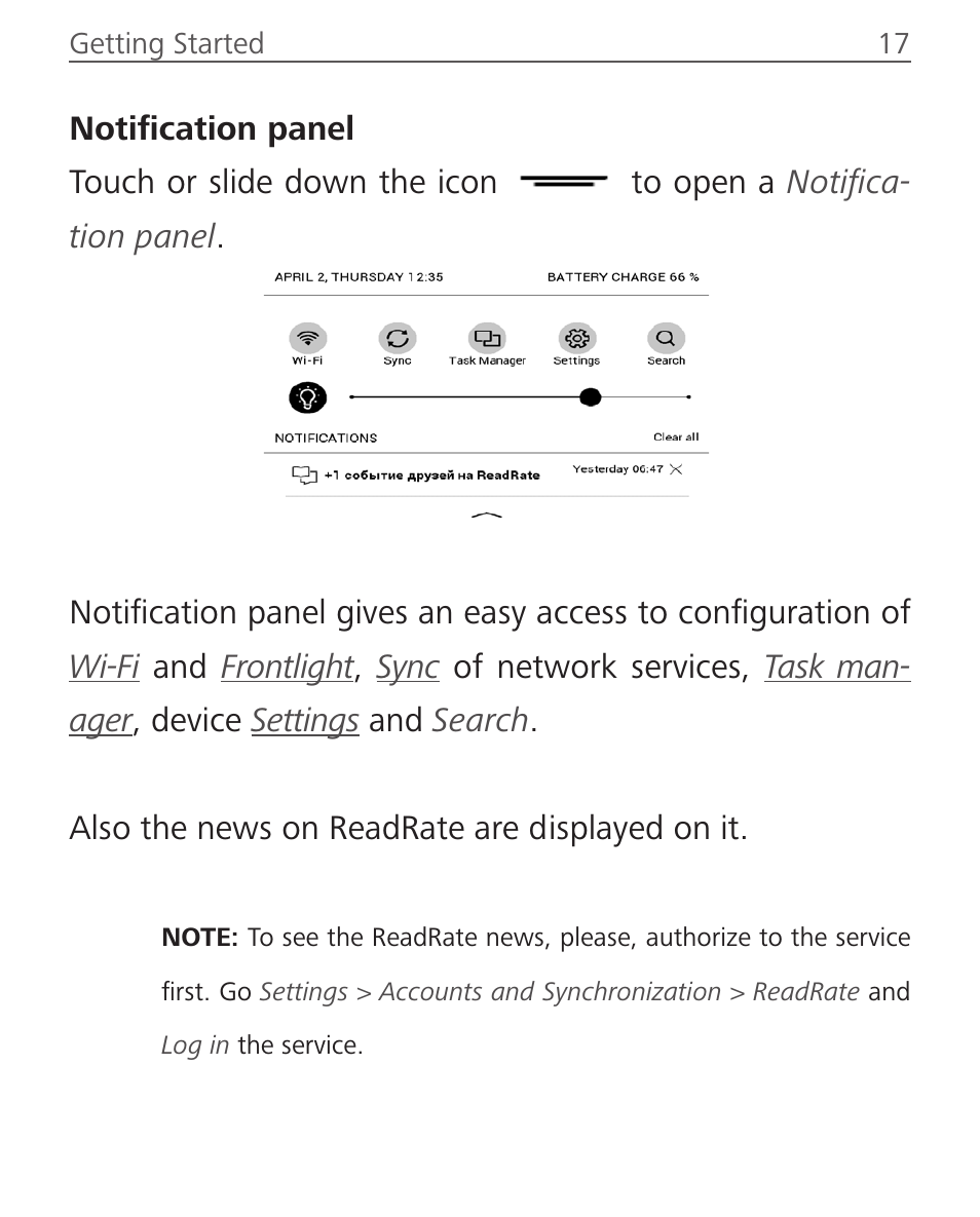 Notification panel | PocketBook Sense with KENZO cover User Manual | Page 17 / 93