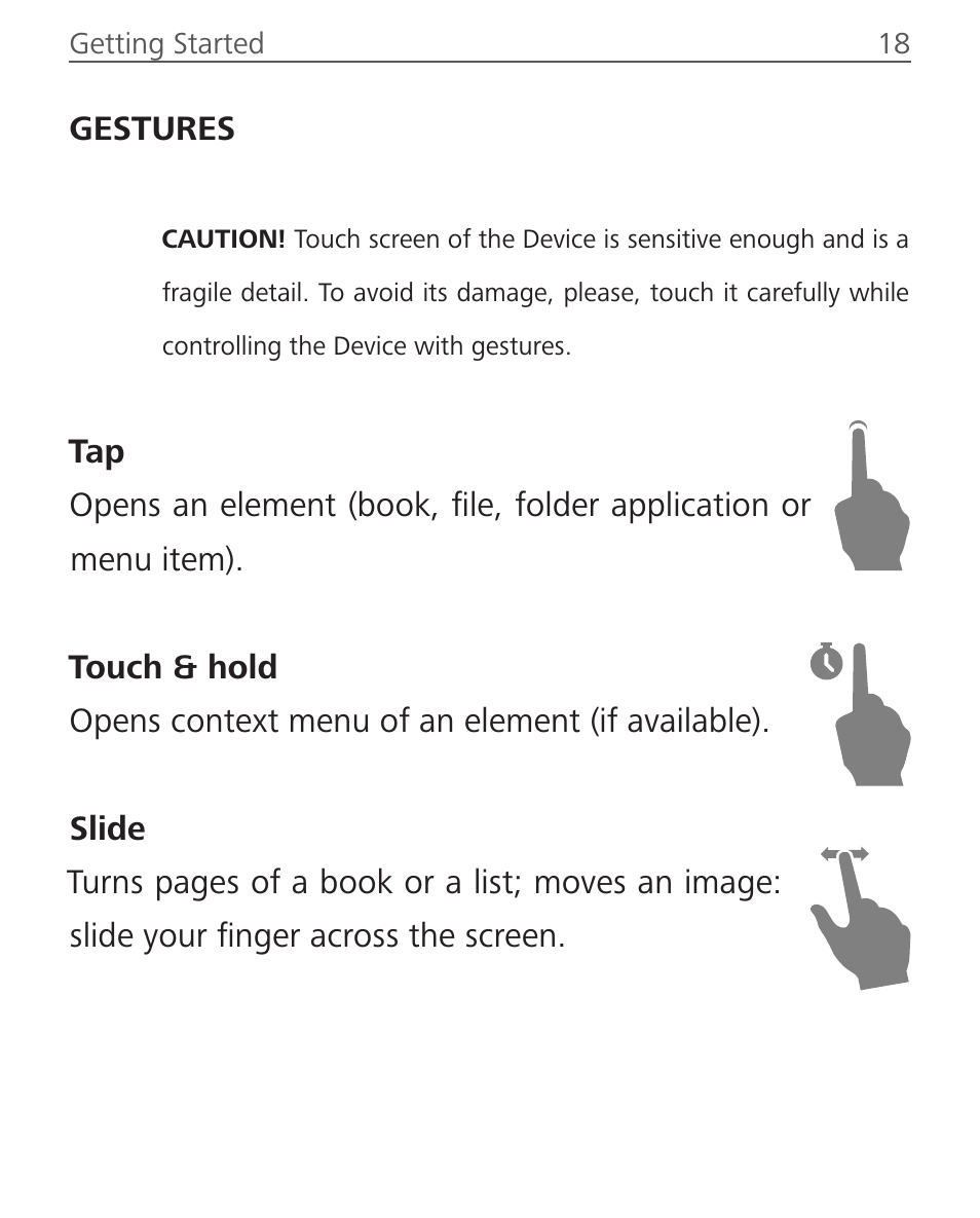 Gestures, Gestures 18 | PocketBook Sense with KENZO cover User Manual | Page 18 / 93