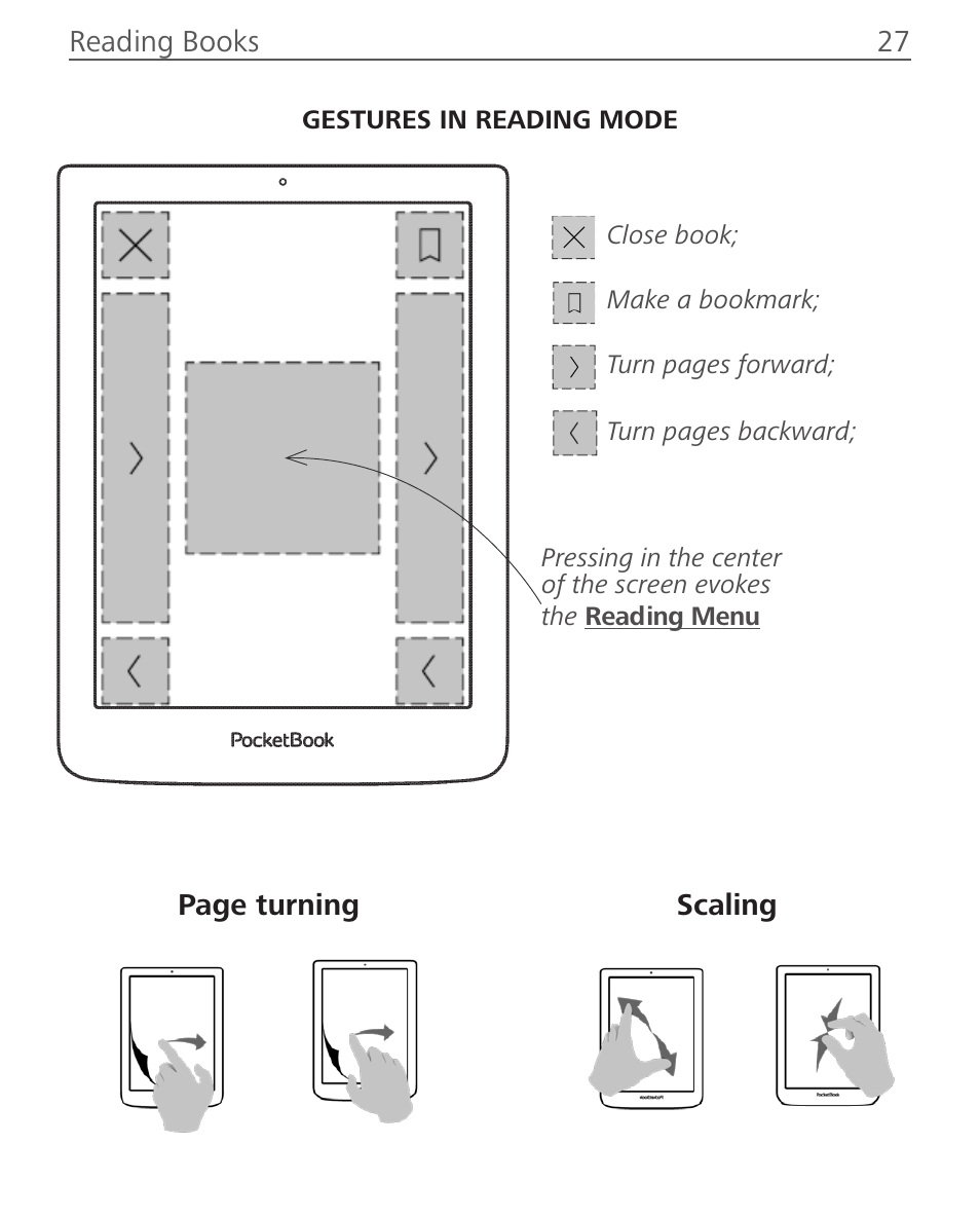 Gestures in reading mode | PocketBook Sense with KENZO cover User Manual | Page 27 / 93