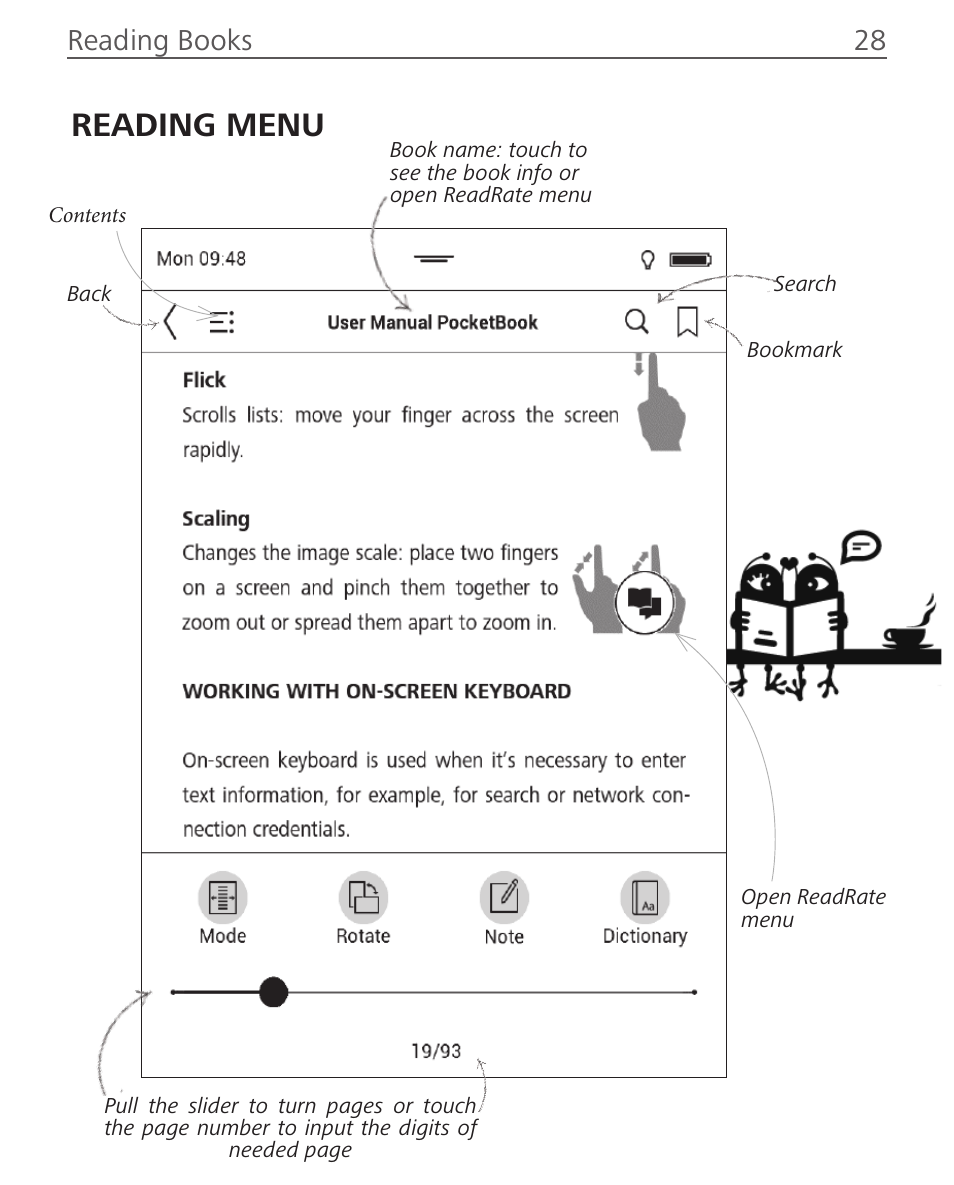 Reading menu, Reading books 28 | PocketBook Sense with KENZO cover User Manual | Page 28 / 93