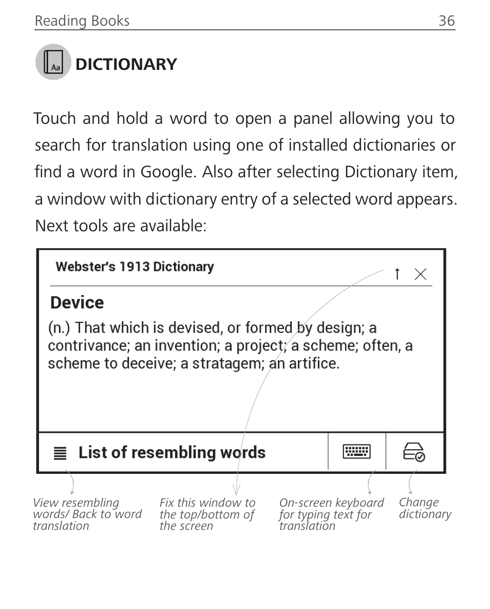 Dictionary, Dictionary 36 | PocketBook Sense with KENZO cover User Manual | Page 36 / 93