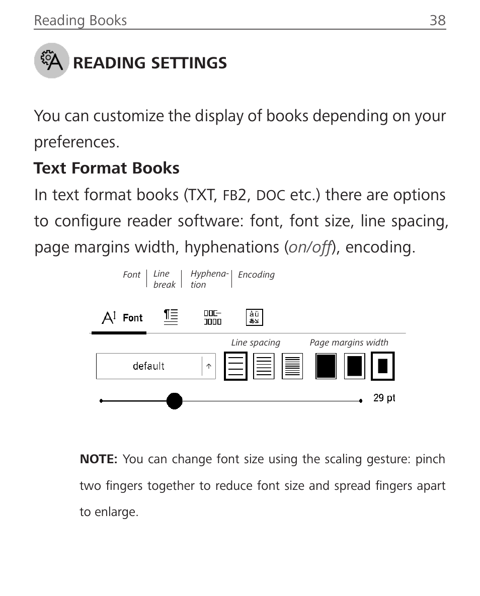 Reading settings, Text format books | PocketBook Sense with KENZO cover User Manual | Page 38 / 93