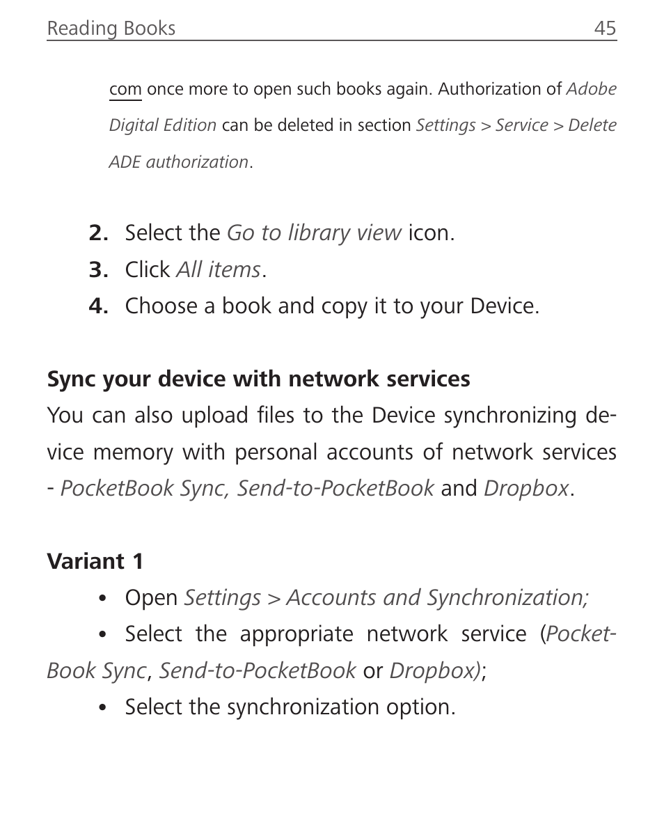 Sync, Of network services | PocketBook Sense with KENZO cover User Manual | Page 45 / 93