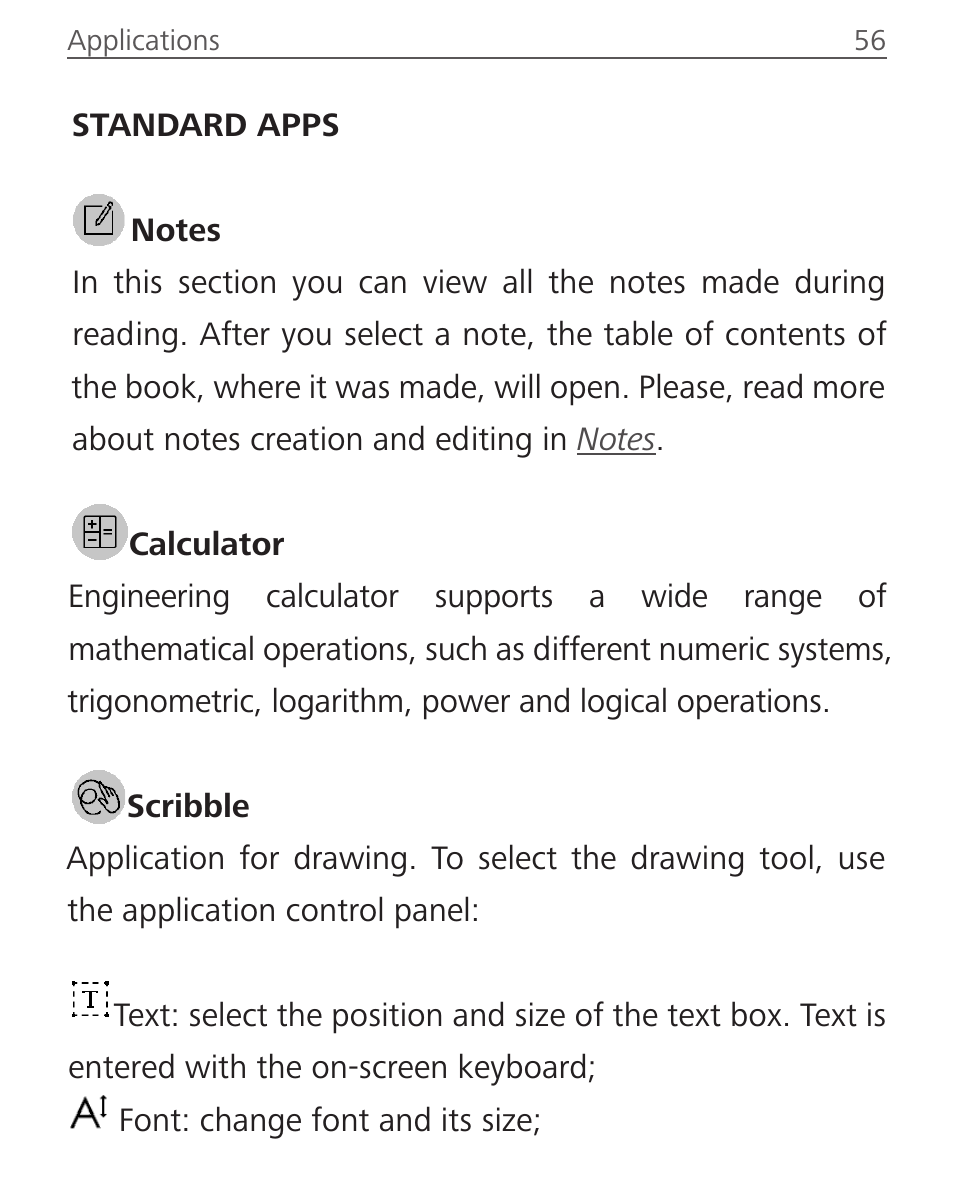 Standard apps, Notes, Scribble | Calculator, Notes 56 scribble 56 calculator 56 | PocketBook Sense with KENZO cover User Manual | Page 56 / 93