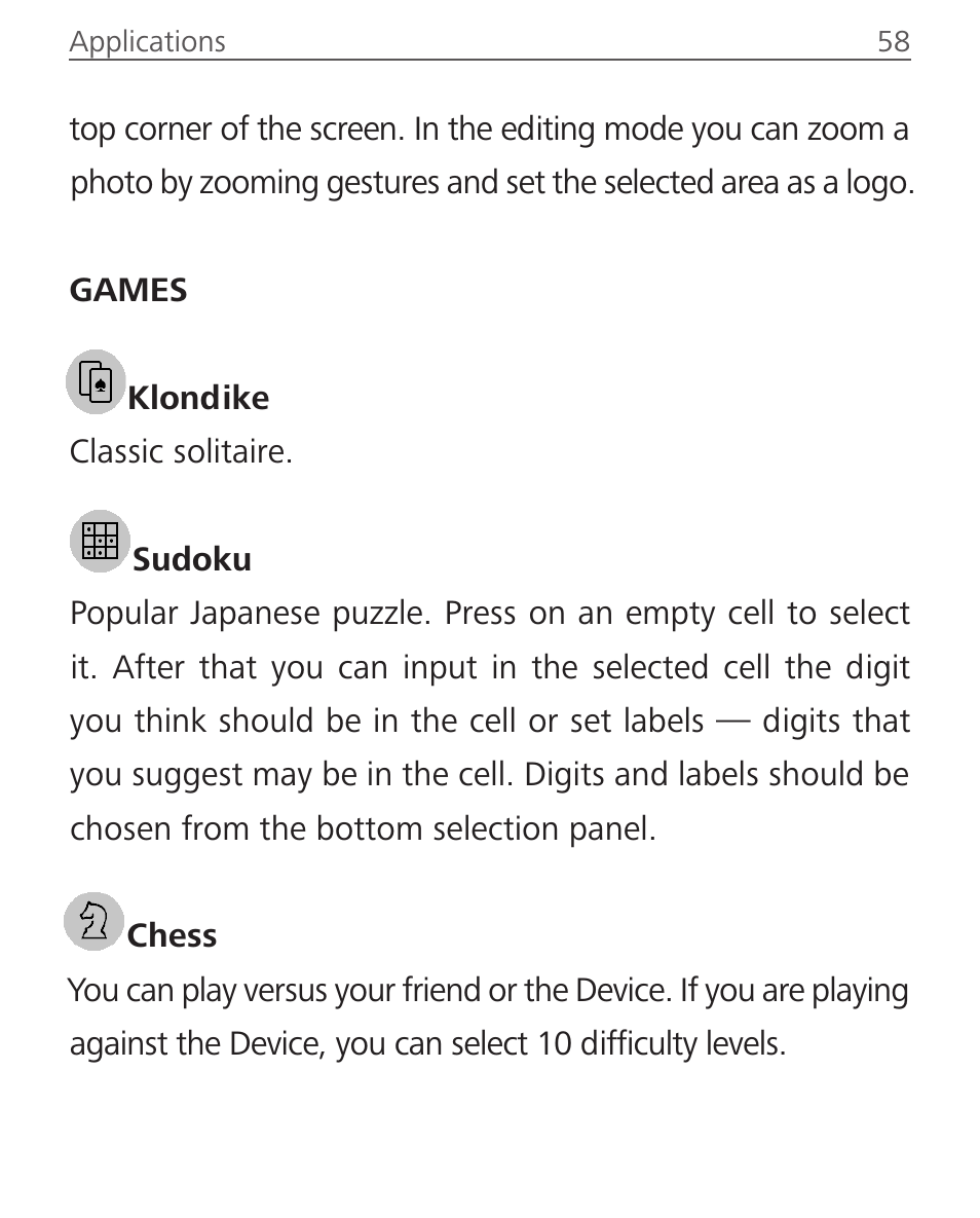 Games, Klondike, Sudoku | Chess, Games 58, Klondike 58 sudoku 58 chess 58 | PocketBook Sense with KENZO cover User Manual | Page 58 / 93