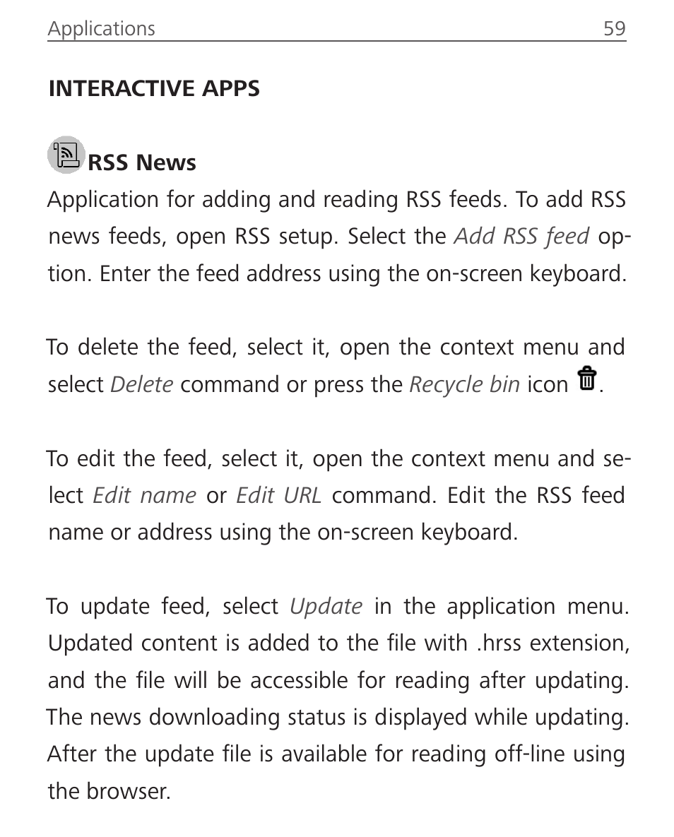 Interactive apps, Rss news | PocketBook Sense with KENZO cover User Manual | Page 59 / 93