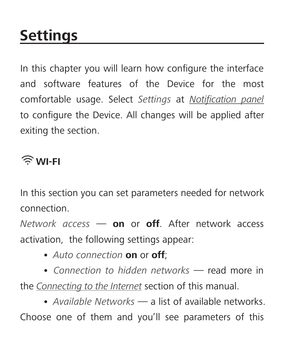 Settings, Wi-fi, Wi-fi 70 | Device | PocketBook Sense with KENZO cover User Manual | Page 70 / 93