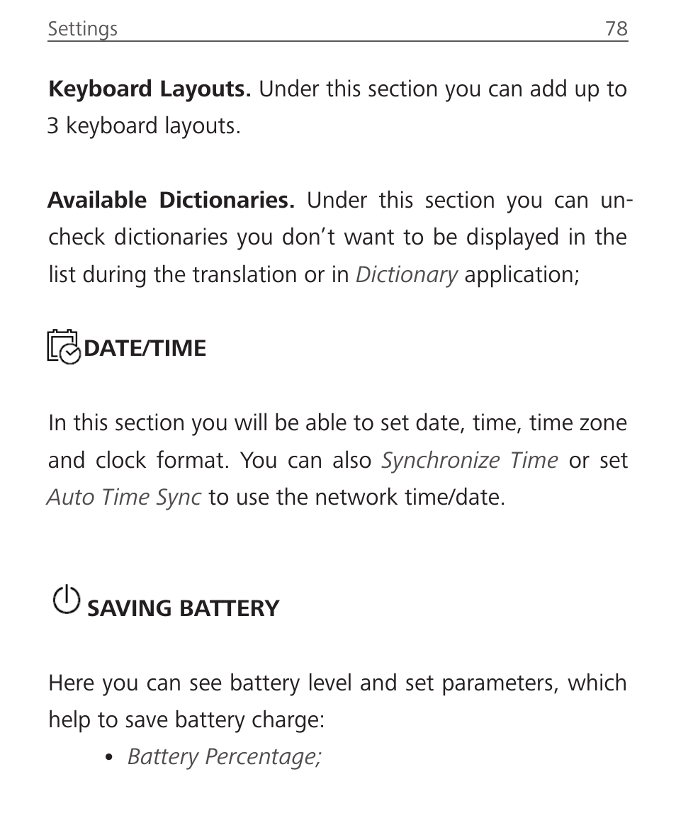 Date/time, Saving battery, Date/time 78 saving battery | PocketBook Sense with KENZO cover User Manual | Page 78 / 93