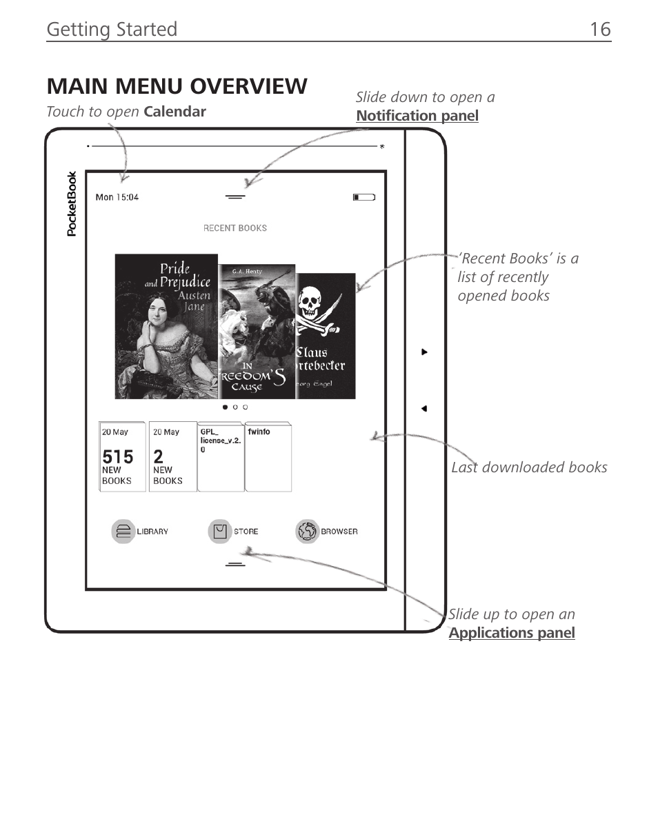 Main menu overview, Getting started 16 | PocketBook InkPad User Manual | Page 16 / 96