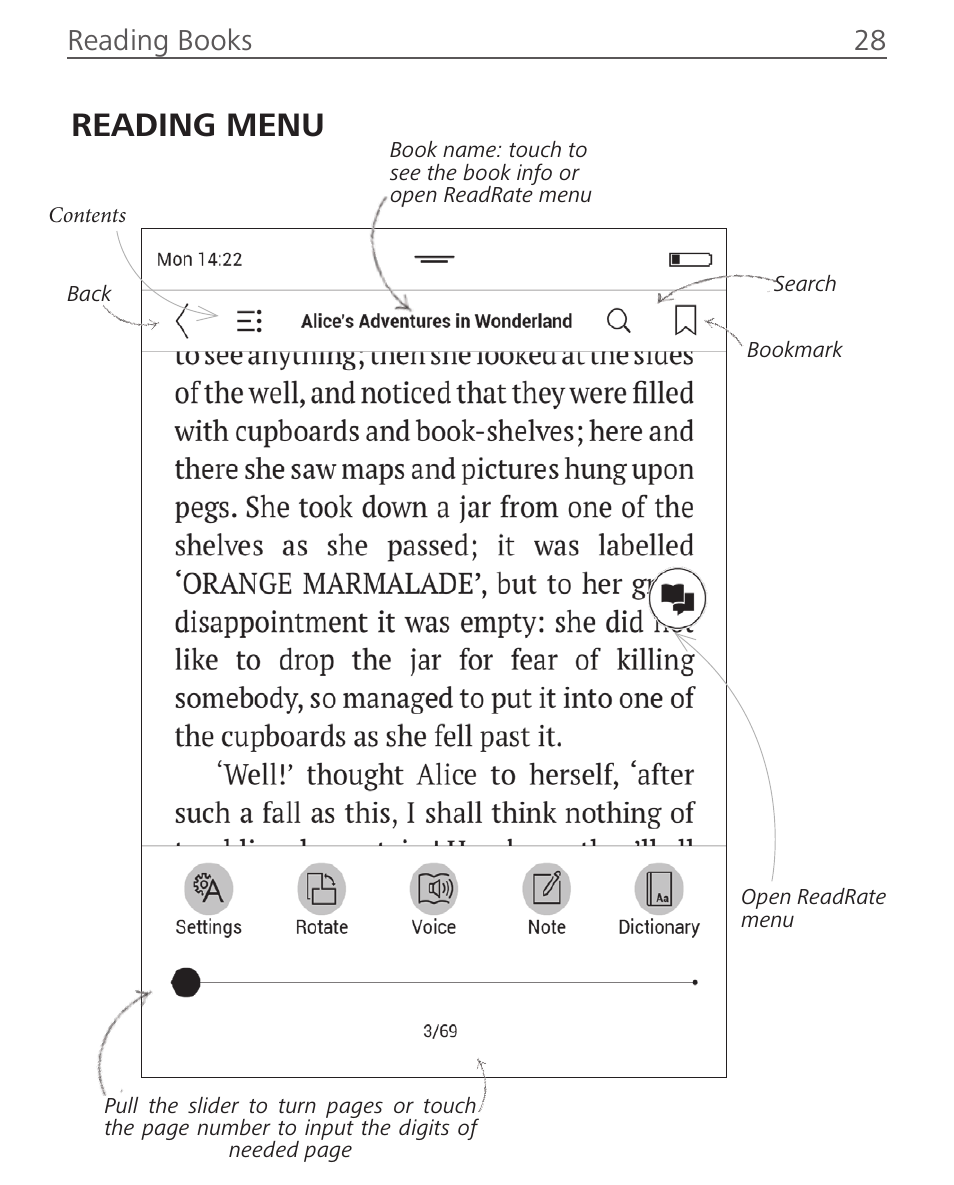 Reading menu, Reading books 28 | PocketBook InkPad User Manual | Page 28 / 96