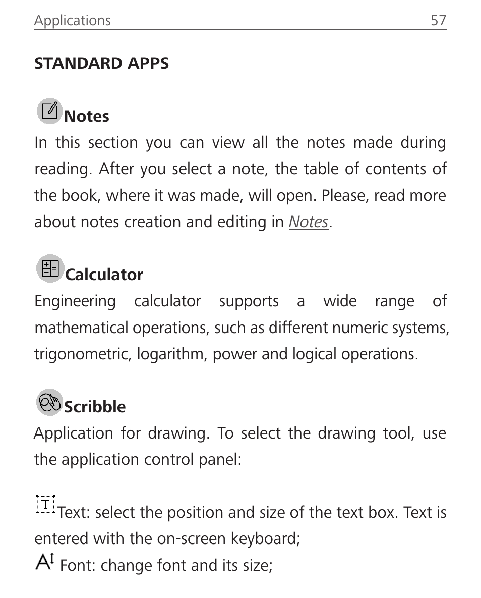 Standard apps, Notes, Scribble | Calculator, Notes 57 scribble 57 calculator 57 | PocketBook InkPad User Manual | Page 57 / 96