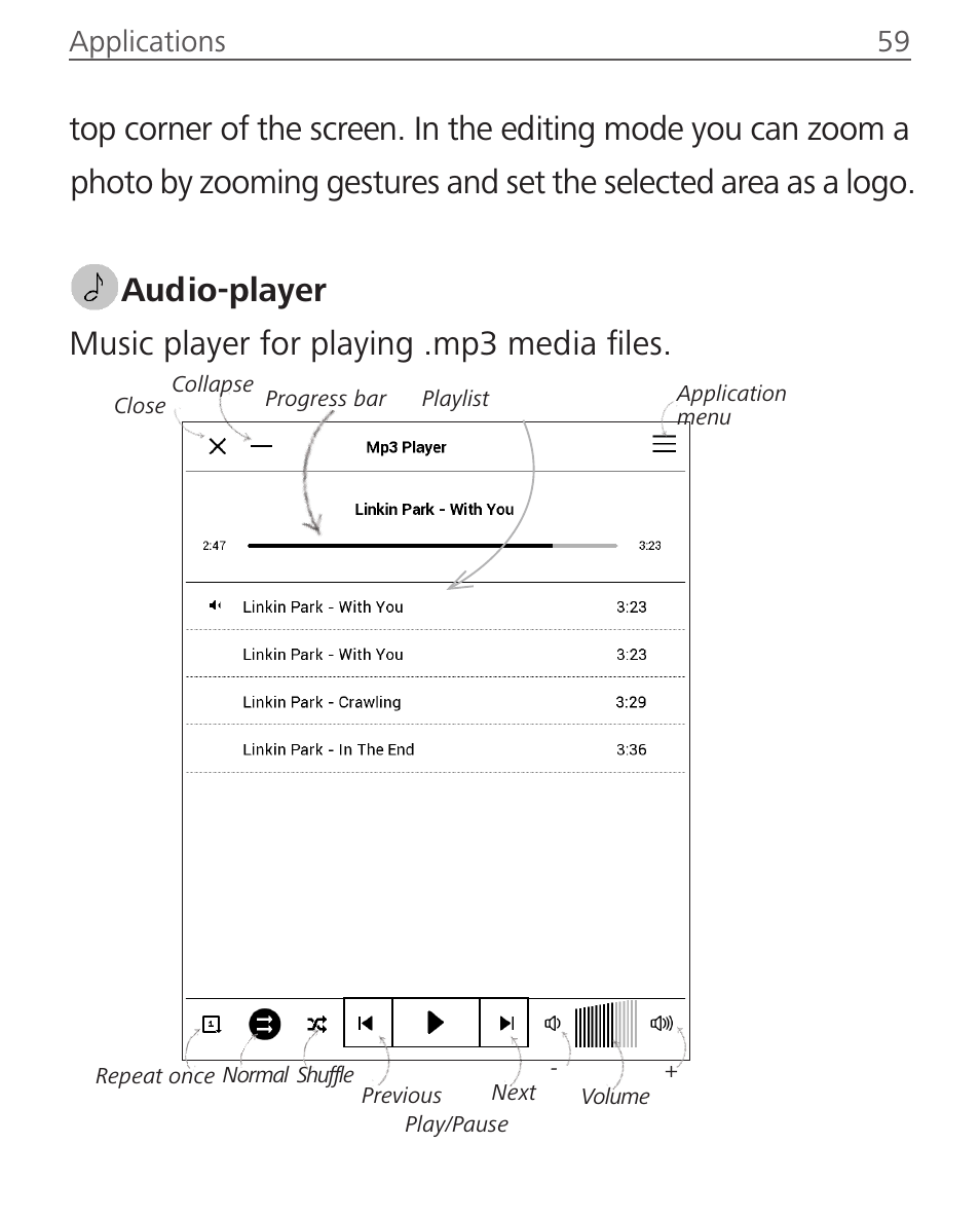 Audio-player, Audio-player 59, Applications 59 | PocketBook InkPad User Manual | Page 59 / 96