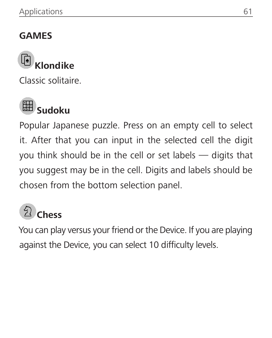 Games, Klondike, Sudoku | Chess, Games 61, Klondike 61 sudoku 61 chess 61 | PocketBook InkPad User Manual | Page 61 / 96