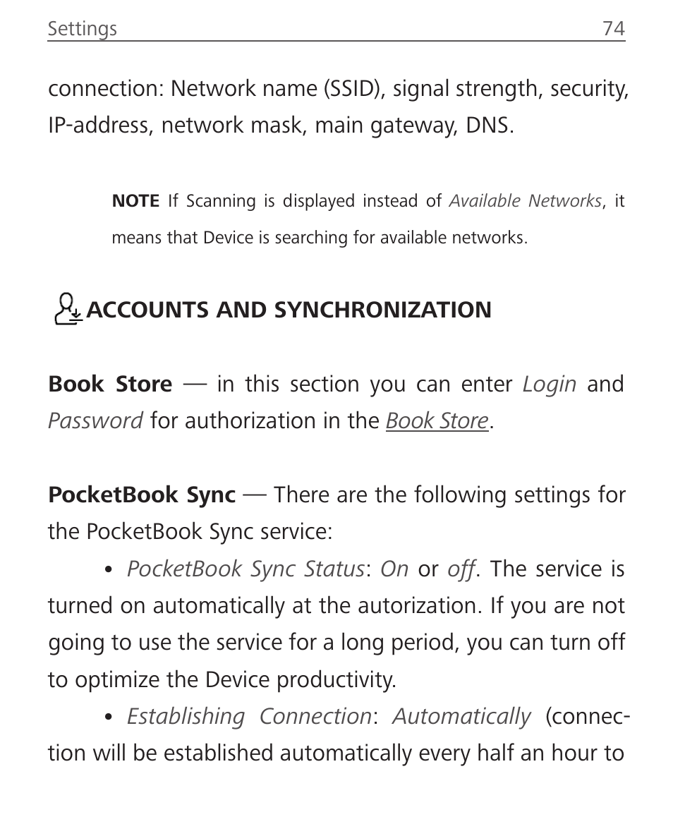 Accounts and synchronization | PocketBook InkPad User Manual | Page 74 / 96