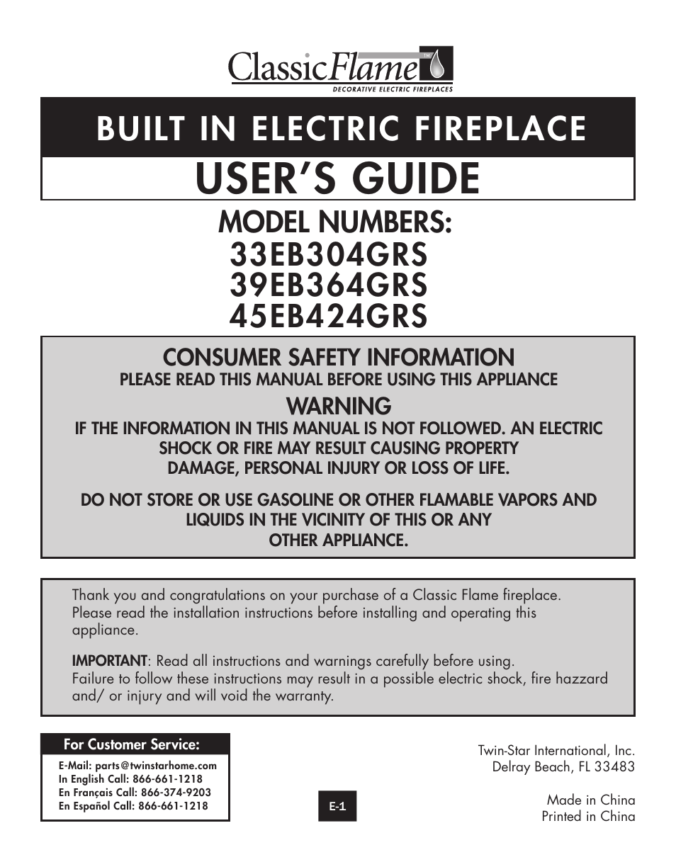 ClassicFlame Built In Electric Furnace 39EB364GRS User Manual | 30 pages