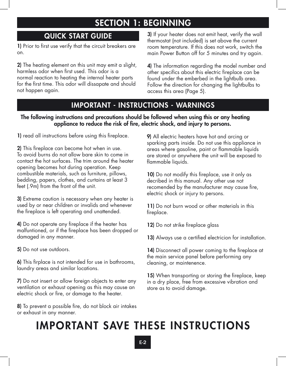 Important save these instructions, Quick start guide, Important - instructions - warnings | ClassicFlame Built In Electric Furnace 39EB364GRS User Manual | Page 2 / 30