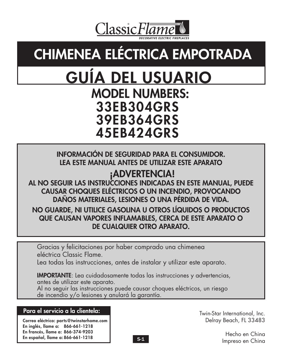 Guía del usuario, Chimenea eléctrica empotrada, Model numbers | Advertencia | ClassicFlame Built In Electric Furnace 39EB364GRS User Manual | Page 21 / 30