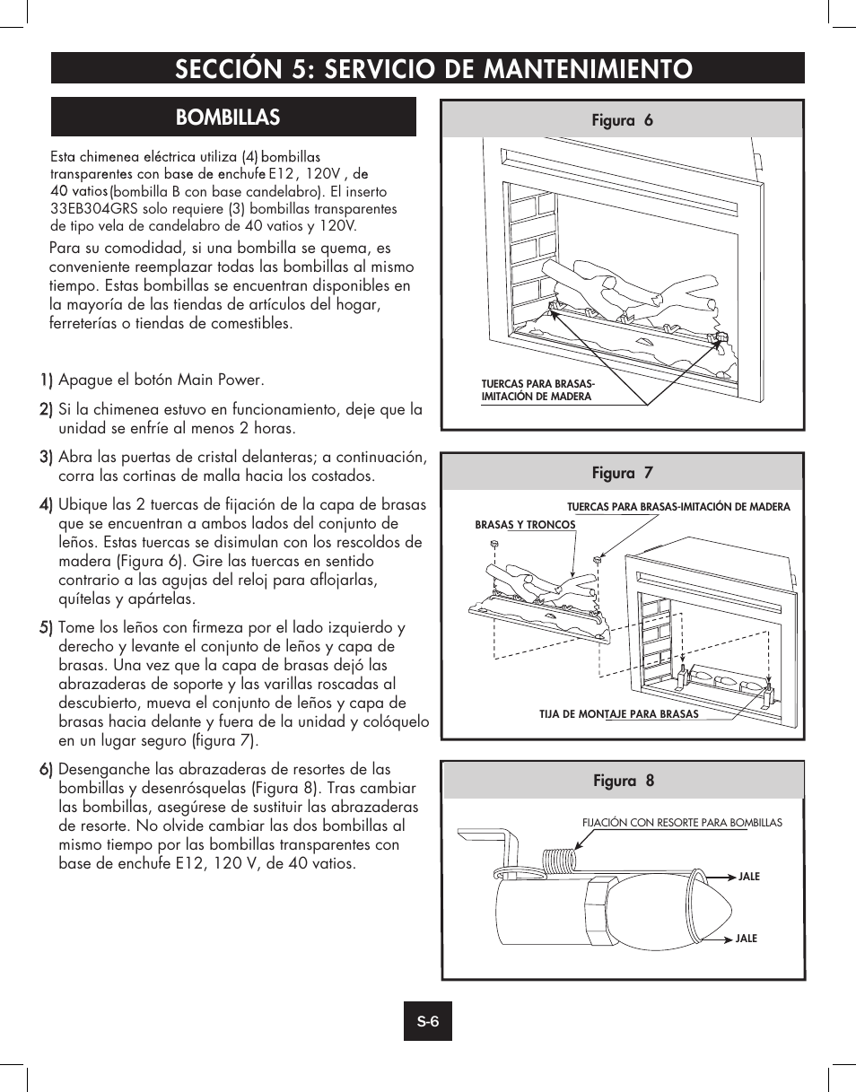 Sección 5: servicio de mantenimiento, Bombillas | ClassicFlame Built In Electric Furnace 39EB364GRS User Manual | Page 26 / 30