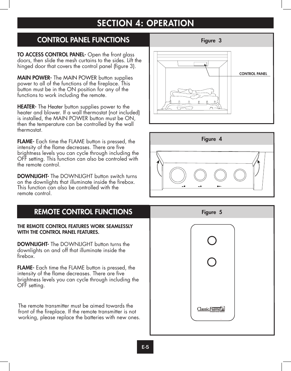 Remote control functions control panel functions | ClassicFlame Built In Electric Furnace 39EB364GRS User Manual | Page 5 / 30