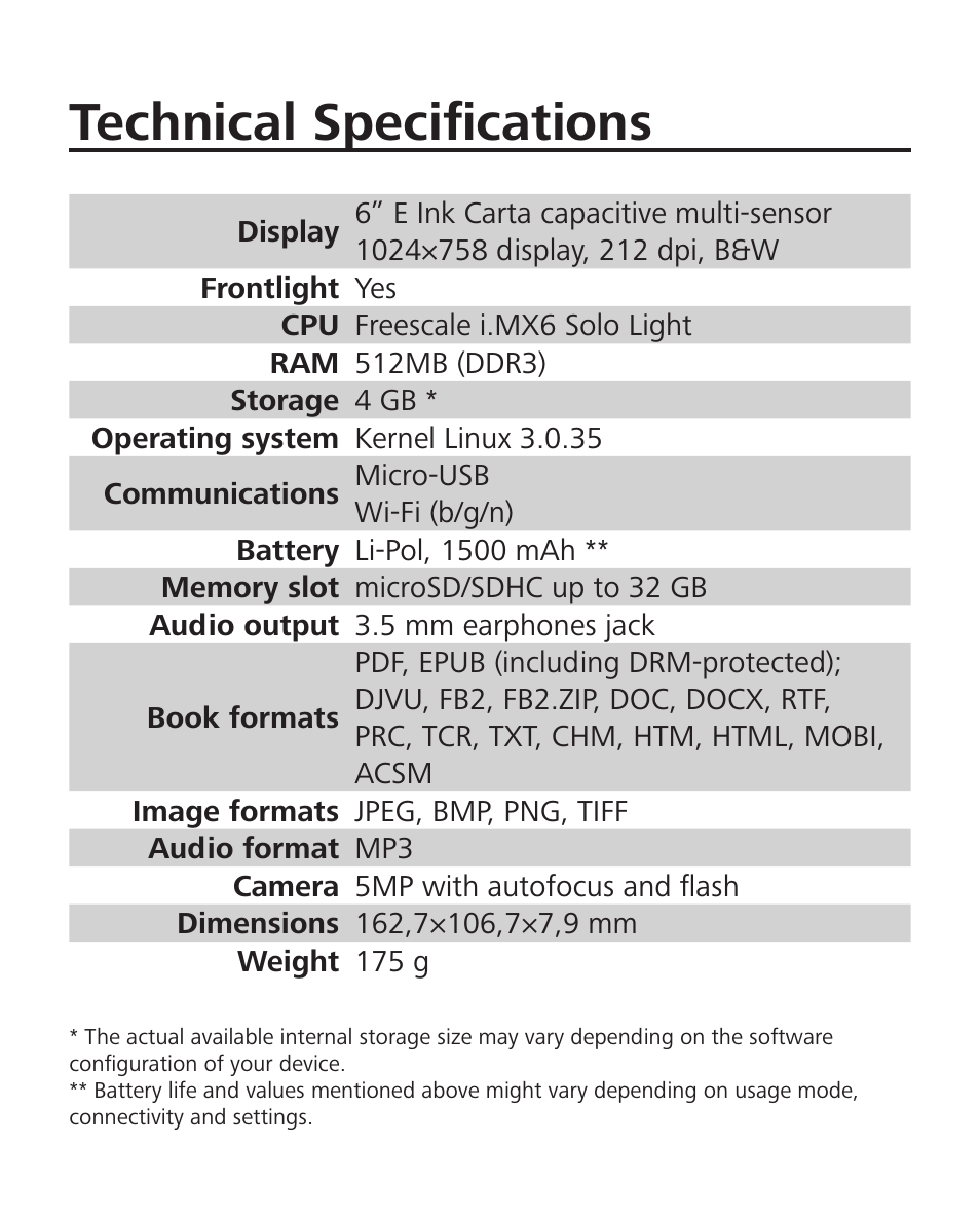 Technical specifications | PocketBook Ultra User Manual | Page 13 / 102