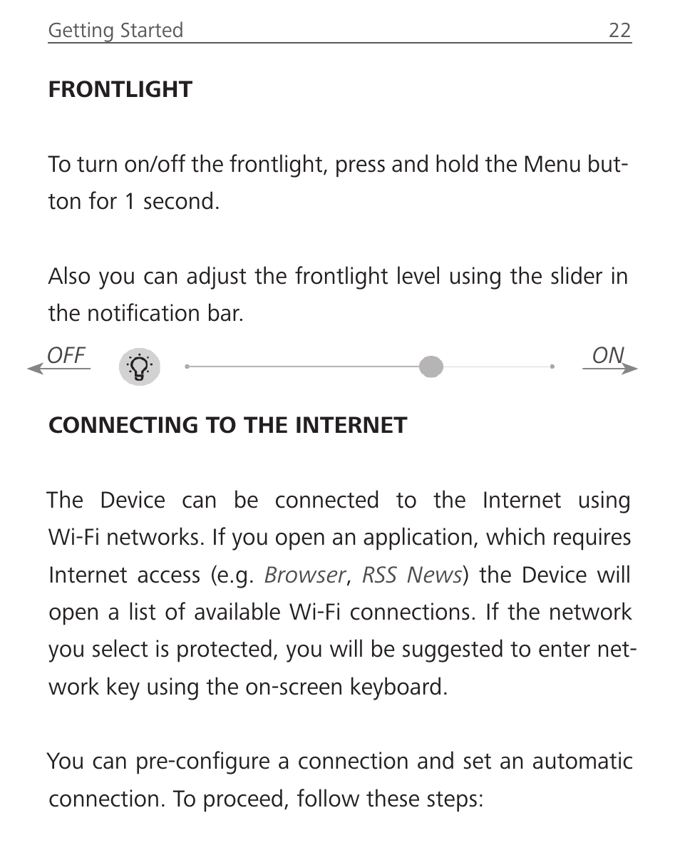 Frontlight, Connecting to the internet, Frontlight 22 connecting to the internet | PocketBook Ultra User Manual | Page 22 / 102