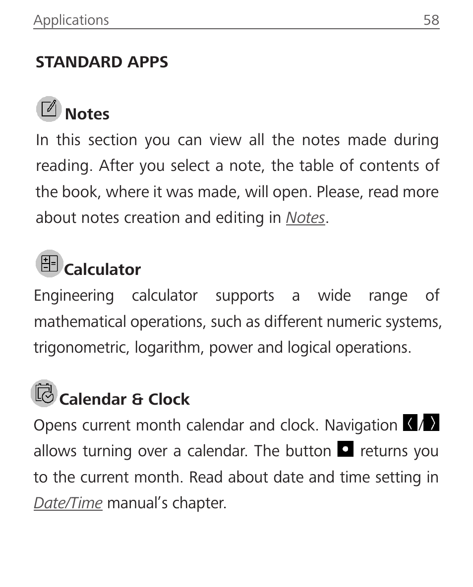 Standart apps, Notes, Calculator | Calendar & clock, Notes 58 calculator 58 calendar & clock | PocketBook Ultra User Manual | Page 58 / 102