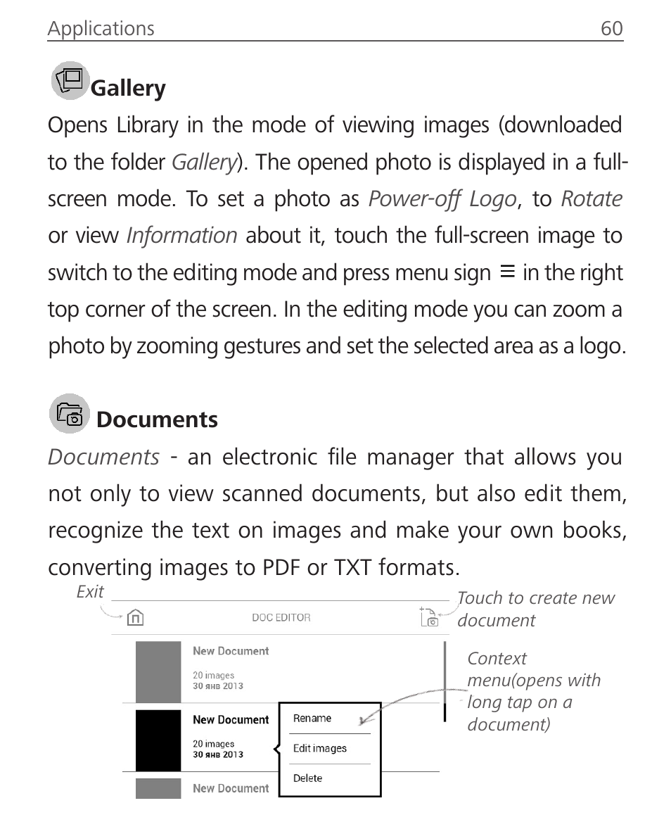 Photo, Doc creator, Lery 60 documents 60 | PocketBook Ultra User Manual | Page 60 / 102