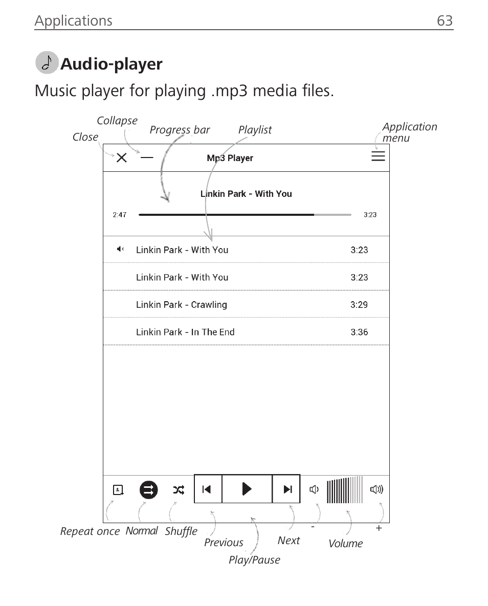 Mp3 player, Io-player 63, Applications 63 | PocketBook Ultra User Manual | Page 63 / 102