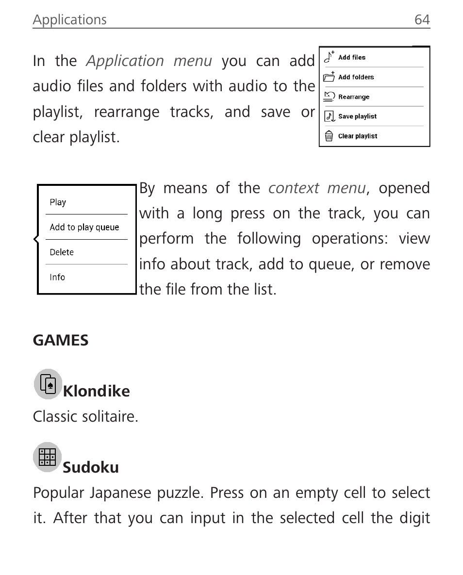 Games, Klondike, Sudoku | Games 64, Klondike 64 sudoku 64 | PocketBook Ultra User Manual | Page 64 / 102