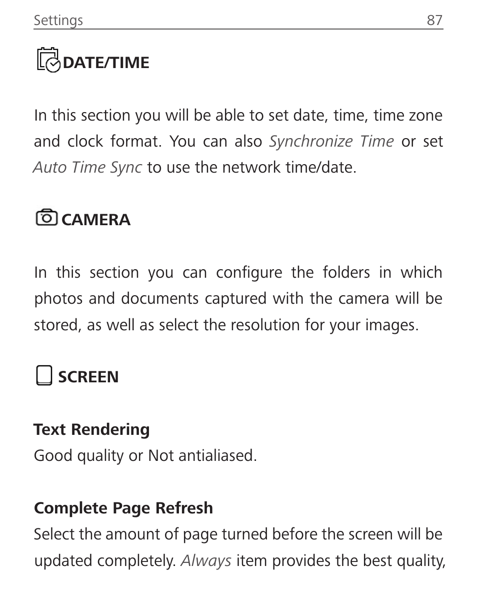 Date/time, Camera, Screen | Date/time 87 camera 87 screen 87 | PocketBook Ultra User Manual | Page 87 / 102