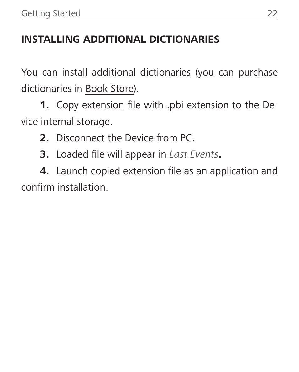 Installing additional dictionaries | PocketBook Aqua User Manual | Page 22 / 91