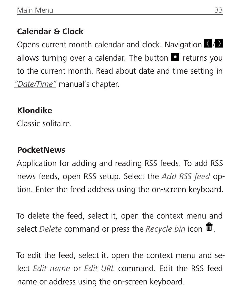 Calendar & clock, Klondike, Pocketnews | Klondike 33 pocketnews 33 | PocketBook Aqua User Manual | Page 33 / 91