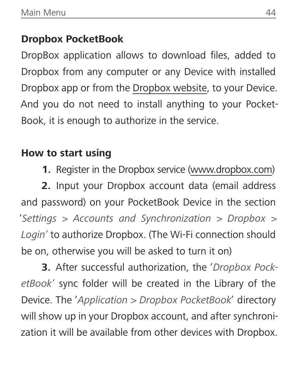 Dropbox pocketbook | PocketBook Aqua User Manual | Page 44 / 91