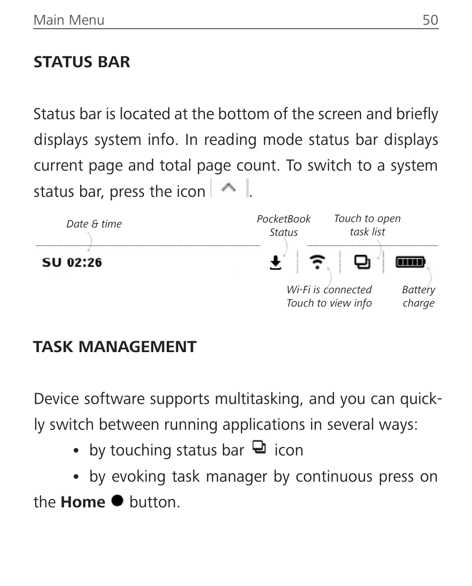 Status bar, Task management | PocketBook Aqua User Manual | Page 50 / 91