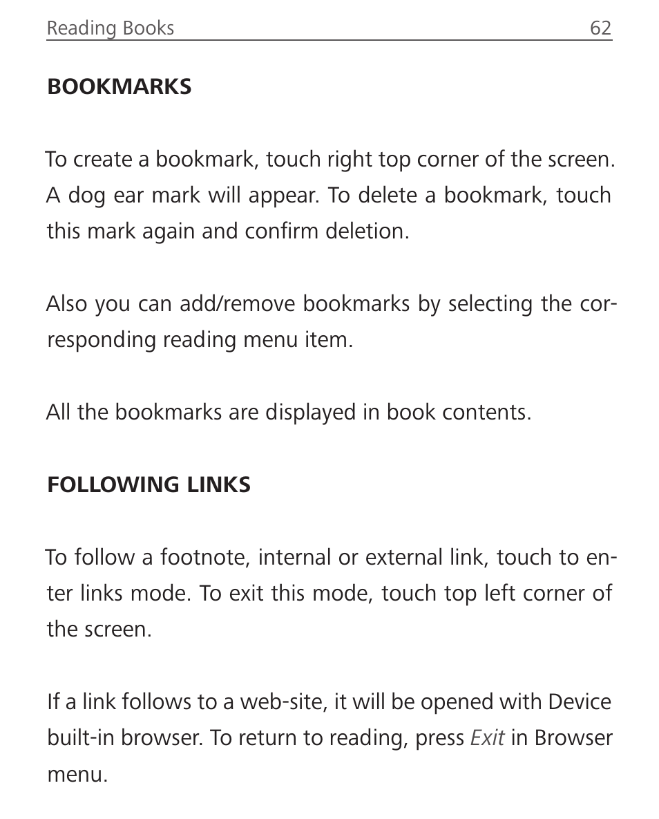 Bookmarks, Following links, Bookmarks 62 following links | PocketBook Aqua User Manual | Page 62 / 91