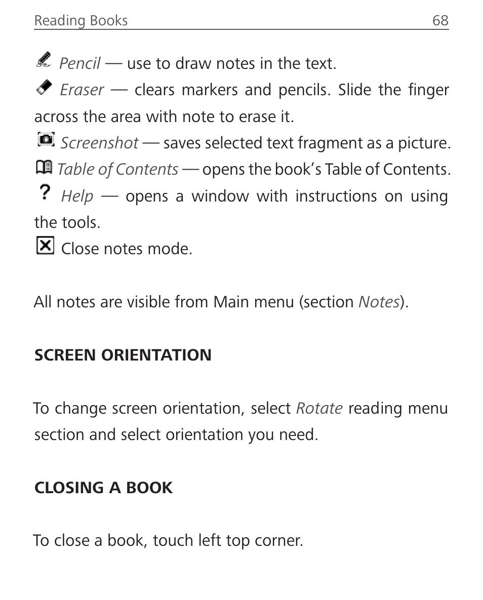 Screen orientation, Closing a book | PocketBook Aqua User Manual | Page 68 / 91