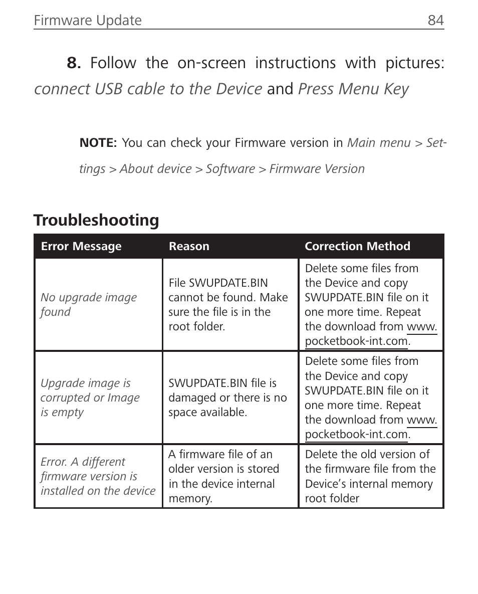 Troubleshooting, Firmware update 84 | PocketBook Aqua User Manual | Page 84 / 91