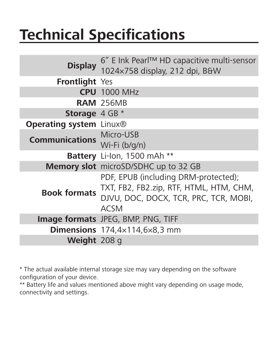 Technical specifications | PocketBook Touch Lux 2 User Manual | Page 12 / 95