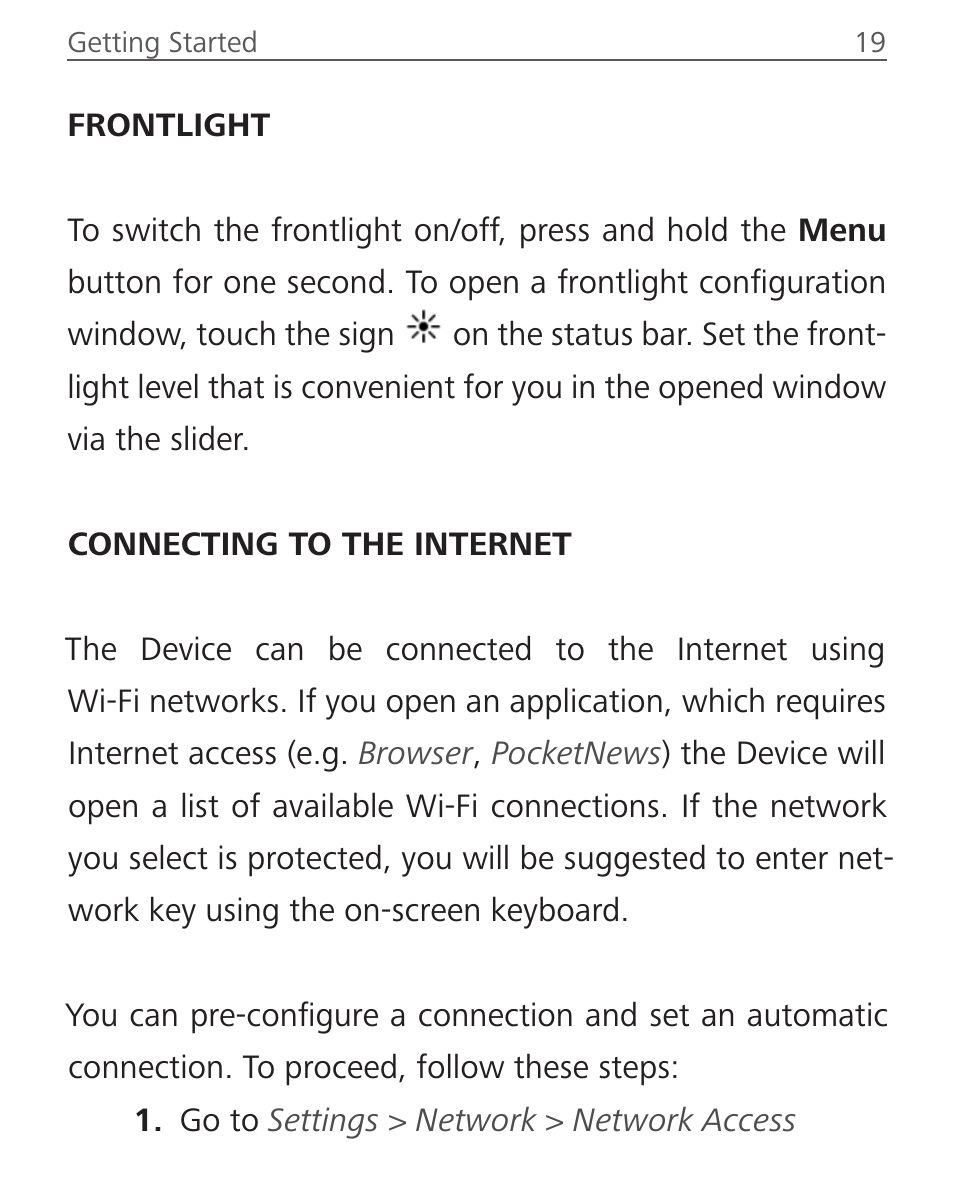 Frontlight, Connecting to the internet, Frontlight 19 connecting to the internet | PocketBook Touch Lux 2 User Manual | Page 19 / 95